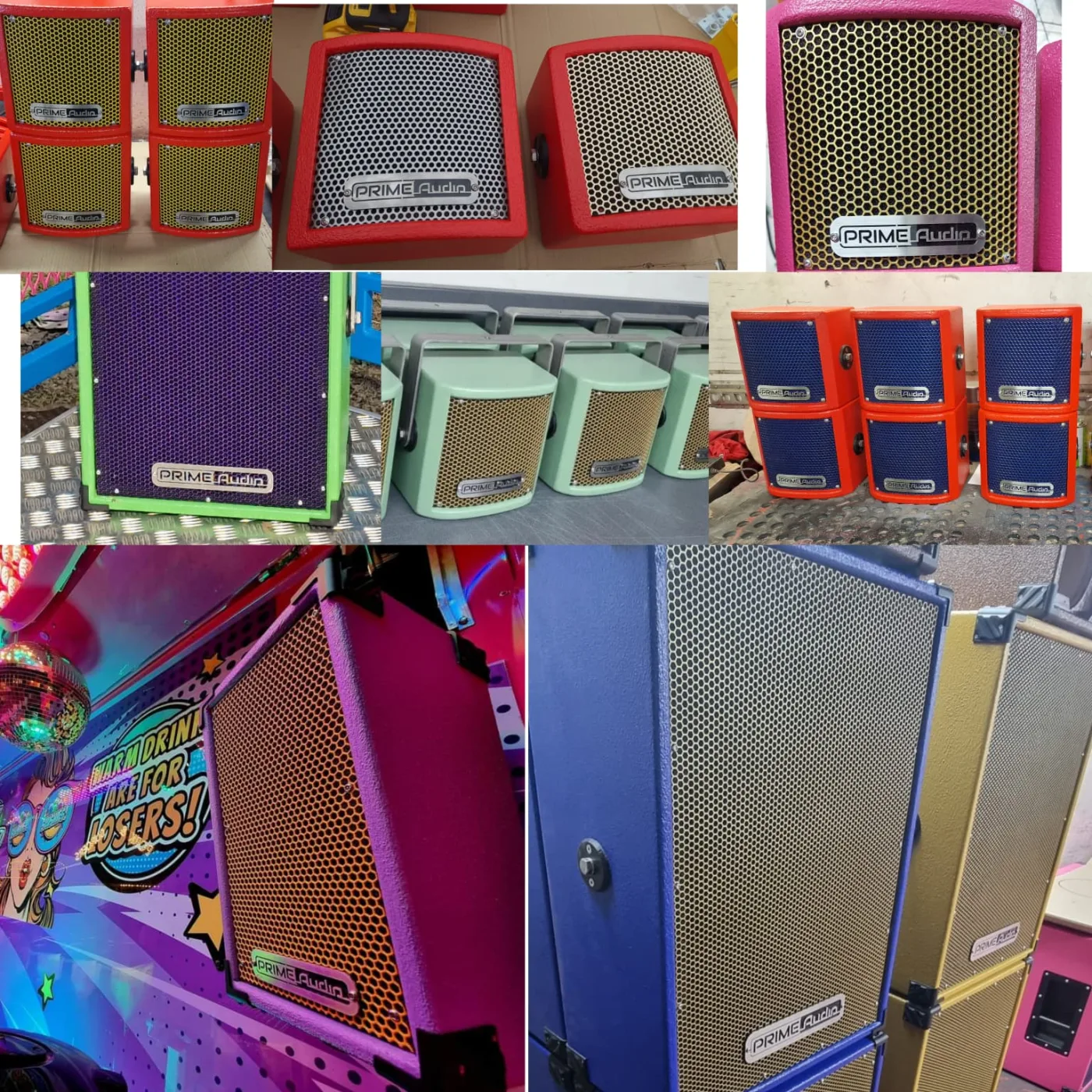 Prime Audio cabinets in red, pink, green, orange, blue and pastel green, each with a different stainless steel or powder coated grille and a branded badge