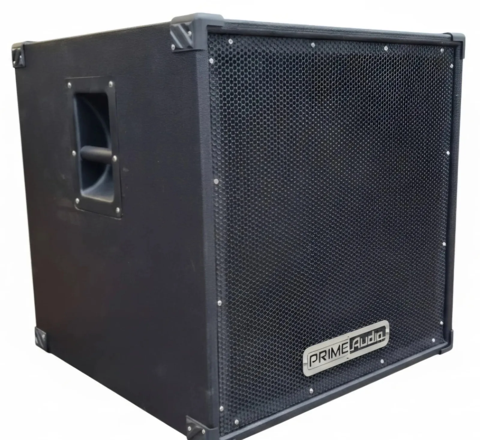 Black Prime Audio bass bin showing the horn port and recessed side handle on a plain white background